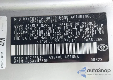 2011 Toyota Camry Le from USA, damaged, VIN 4T1BF3EK5BU127711